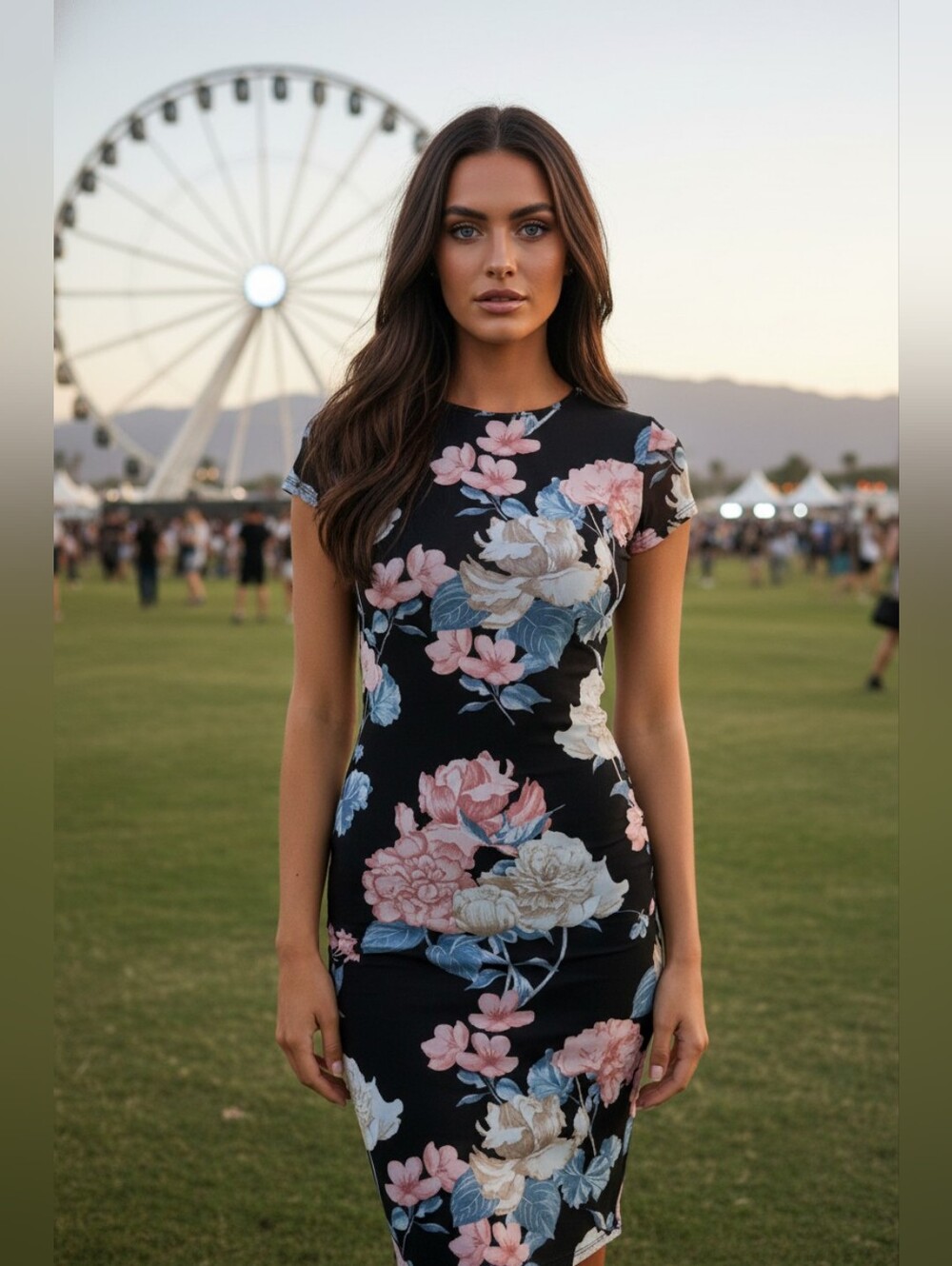 Fashion Nova Black Floral Bodycon Midi Dress Short Sleeve. Medium Size